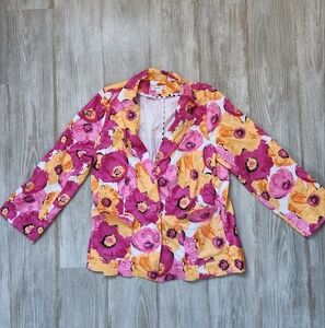 VTG Joan Rivers Blazer Button Jacket Big Florals Pink Orange Pockets Sz 8